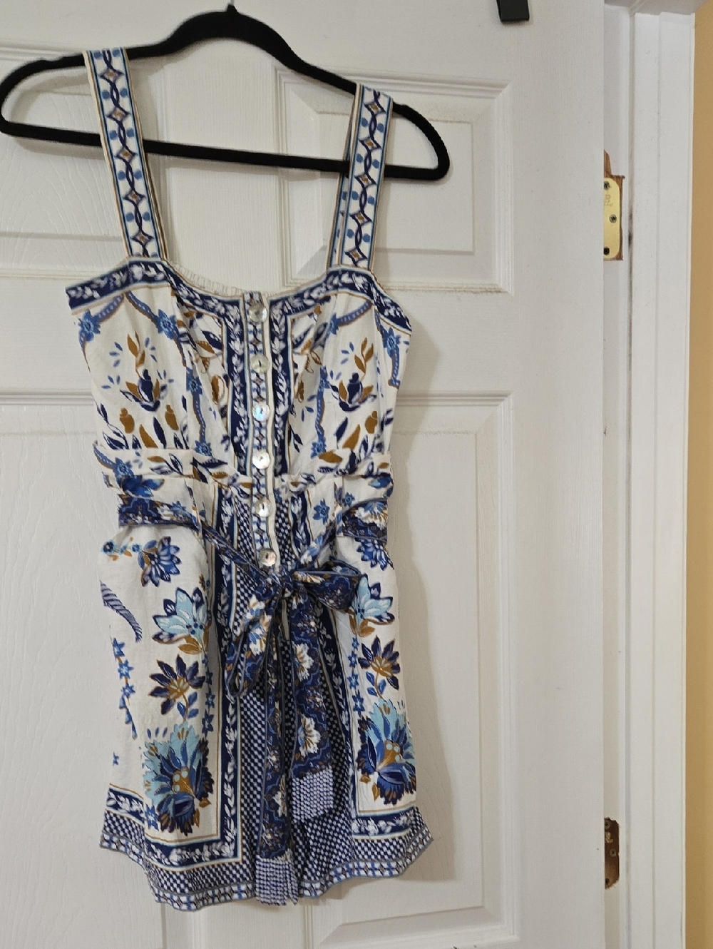 Farm RIO Blue and White Floral Romper with Belt